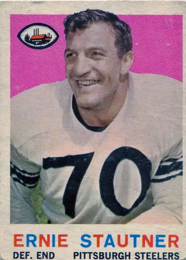 Vintage Ernie Stautner base card 69 for Pittsburgh Steelers trading cards, smiling player