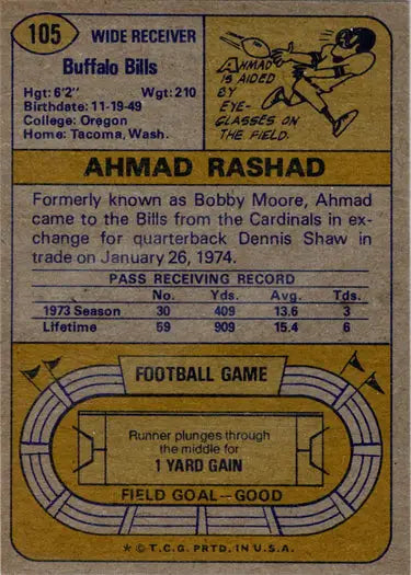 Vintage 1974 Topps football base card of Buffalo Bills wide receiver Ahmad Rashad