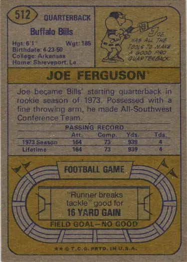 Vintage 1974 Topps base card featuring Buffalo Bills quarterback Joe Ferguson #512 trading cards
