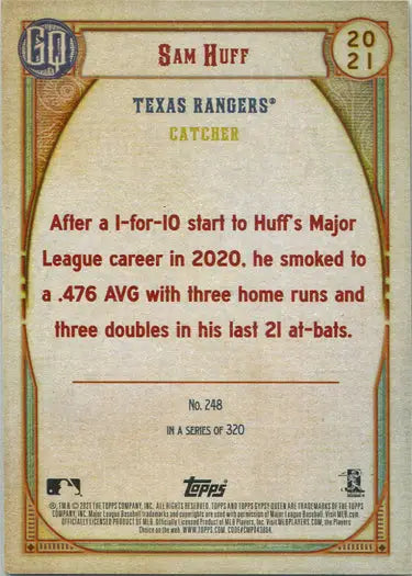 Sam Huff baseball card from Topps Gypsy Queen Chrome Boxtopper Card 2021