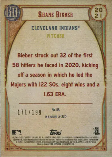 Turquoise parallel trading card of Shane Bieber with 2020 season statistics