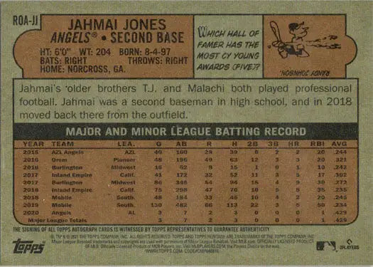 Autograph card of Jahmai Jones with player stats in Topps Heritage 2021 trading cards