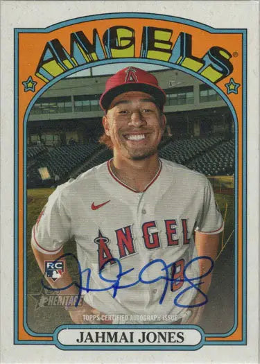 Smiling player in Angels uniform on Topps Heritage 2021 Autograph Card for baseball cards