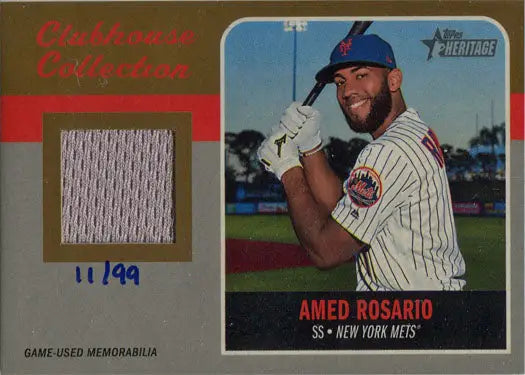 Baseball card from the Topps Heritage Clubhouse Collection featuring Amed Rosario jersey swatch