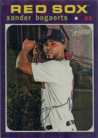 Baseball card of Xander Bogaerts in a Red Sox uniform, featuring a Purple Chrome Refractor