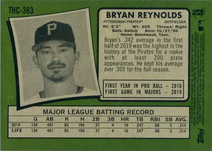 Baseball card of Bryan Reynolds in Topps Heritage 2020 Purple Chrome Refractor design