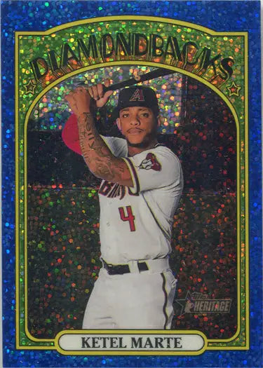 Baseball card of Ketel Marte in white uniform, blue sparkle refractor design