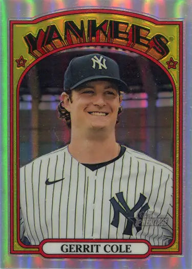 Baseball card of smiling New York Yankees player Gerrit Cole in chrome refractor design