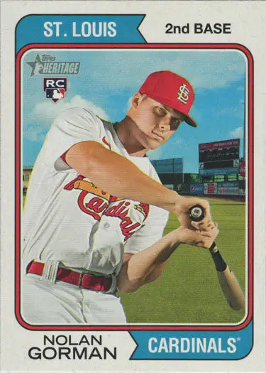Base card of Nolan Gorman in batting stance for St. Louis Cardinals trading cards