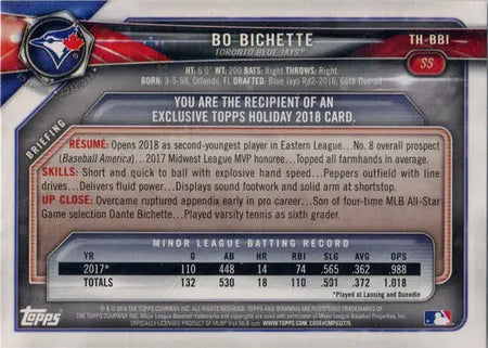 Topps Holiday Baseball 2018 Bowman Base Card of Bo Bichette, Toronto Blue Jays trading card