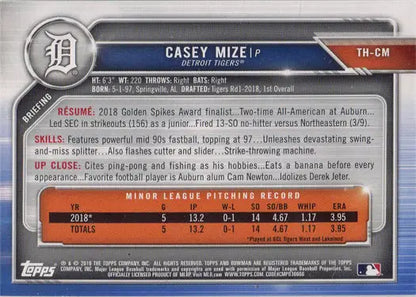 Casey Mize Topps Holiday 2019 Green Border Parallel Card with player stats and info