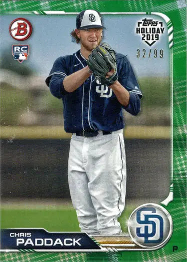 Baseball card of San Diego Padres pitcher Chris Paddock in windup stance, green border parallel