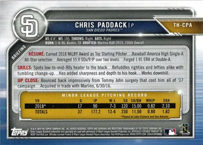 Topps Holiday Baseball 2019 Green Border Parallel Card for Chris Paddack, San Diego Padres