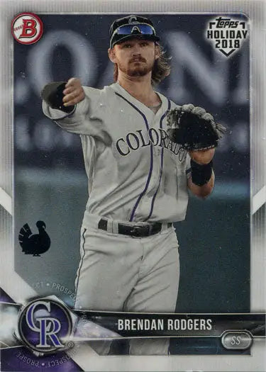 Baseball card of Colorado Rockies pitcher B. Rodgers in mid-throw from Topps Holiday 2018