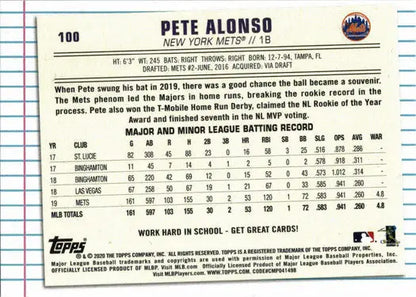 Base card of Pete Alonso, New York Mets player, showcasing baseball stats and bio