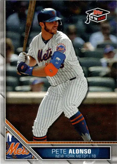 Baseball player in New York Mets uniform at bat on Topps baseball card 100 Pete Alonso