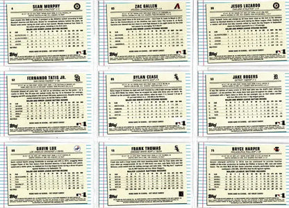 Collection of Topps trading cards from the 2020 Baseball base set in a grid format