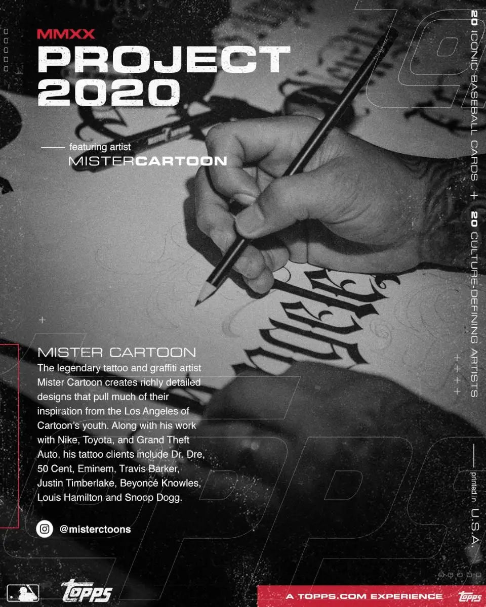 Hand holding a pen writing on paper for Topps Project 2020 Jackie Robinson by Mister Cartoon