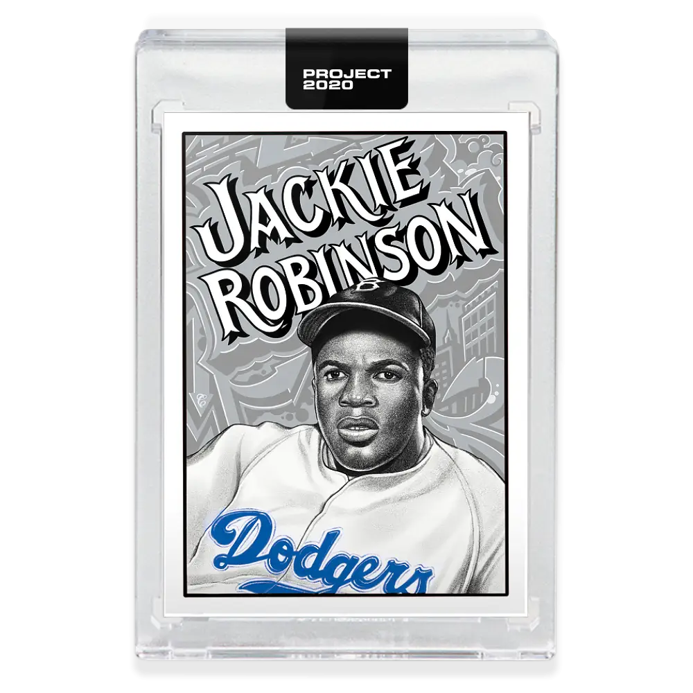 Topps Project 2020 card featuring Jackie Robinson by Mister Cartoon in Dodgers uniform