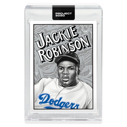 Topps Project 2020 card featuring Jackie Robinson by Mister Cartoon in Dodgers uniform