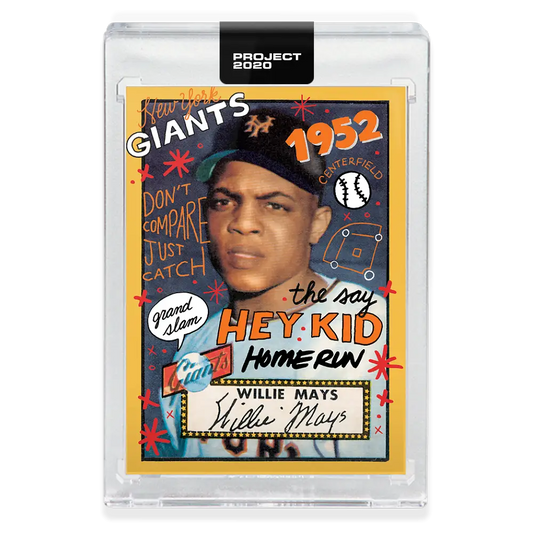 Baseball card of Willie Mays from Topps Project 2020, in protective case by Sophia Chang