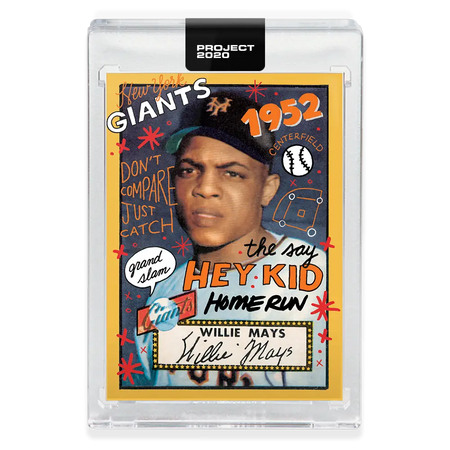 Baseball card of Willie Mays from Topps Project 2020, in protective case by Sophia Chang