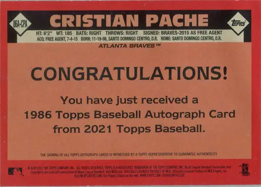Baseball card displaying a congratulatory message for 1986 Topps Autograph Card