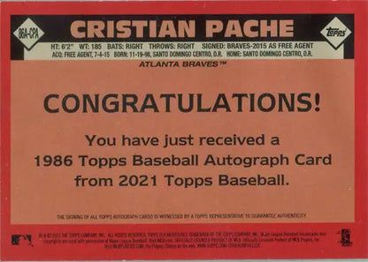 Baseball card displaying a congratulatory message for 1986 Topps Autograph Card