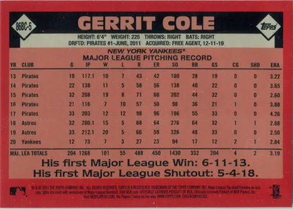Gerrit Cole statistics on a Topps chrome silver card from 2021 Series One Baseball
