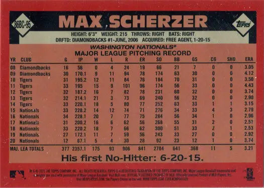 Topps Series One Baseball 2021 Chrome Silver Card featuring Max Scherzer statistics