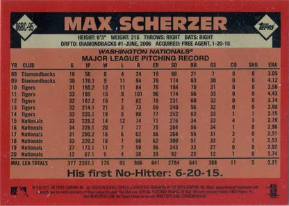 Topps Series One Baseball 2021 Chrome Silver Card featuring Max Scherzer statistics