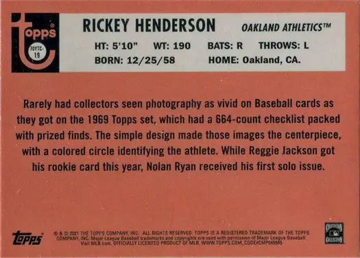 Baseball card back featuring Rickey Henderson from Topps Series Two Baseball 2021 Chrome