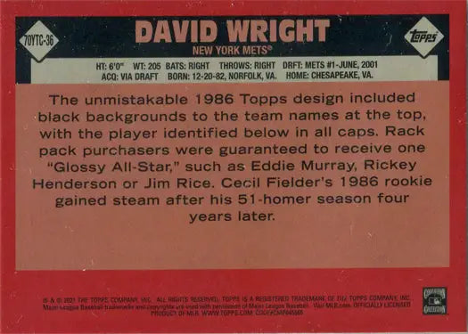 David Wright baseball card back from Topps Series Two Baseball 2021 Chrome series two baseball