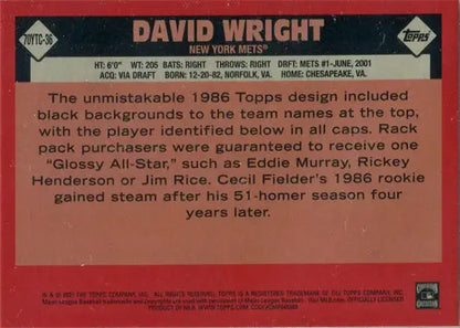 David Wright baseball card back from Topps Series Two Baseball 2021 Chrome series two baseball