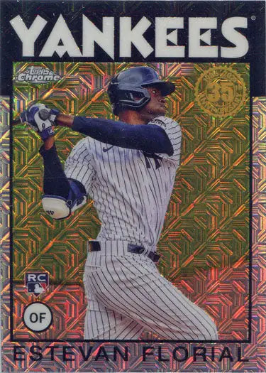 Baseball card of Yankees player in batting stance from Topps 2021 Chrome Silver Card