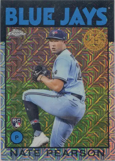 Baseball card of Blue Jays pitcher Nate Pearson in mid-windup, Topps chrome silver card