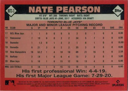 Baseball card featuring Nate Pearson’s statistics in Topps Series Two Chrome Silver Card