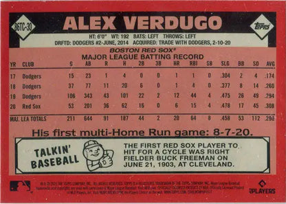 Baseball card of Alex Verdugo showcasing stats and trivia from Topps Chrome Silver Card