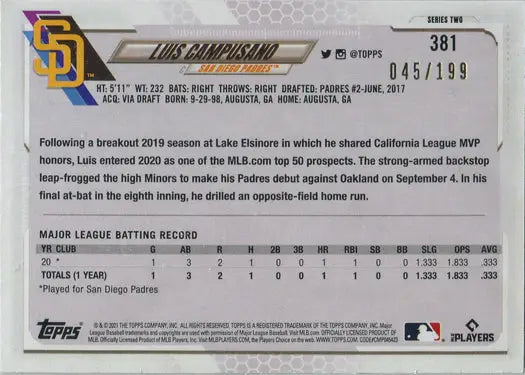 Topps Series Two 2021 Red Ice Parallel Card 381 featuring Luis Campusano stats