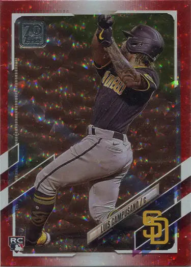 Baseball player in San Diego Padres uniform swinging bat on Red Ice Parallel Card