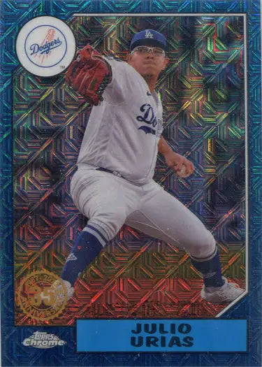 Baseball card of Julio Urias mid-throw, Topps Chrome Silver Blue Parallel collectible