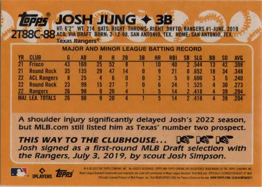 Baseball card for Josh Jung showcasing player stats in Topps Chrome Silver Card