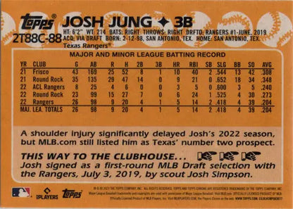 Baseball card for Josh Jung showcasing player stats in Topps Chrome Silver Card