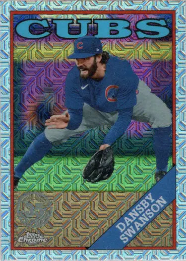 Chrome silver card of Cubs player Dansby Swanson in a fielding position