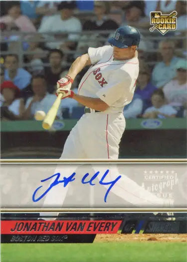 Topps Stadium Club base rookie autograph card 153 featuring Jonathan Van Every swinging bat