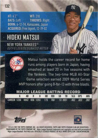 Baseball card insert featuring New York Yankees player Hideki Matsui with bat in hand
