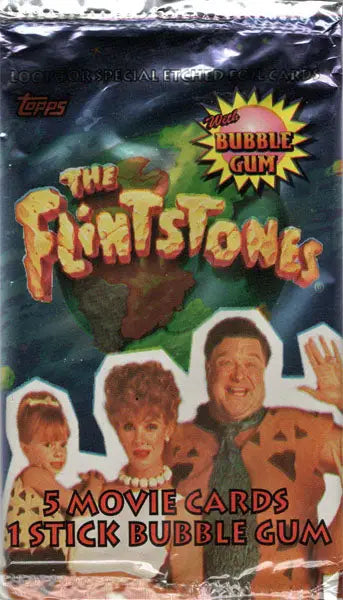 Unopened pack of Topps The Flintstones trading cards with bubble gum for collectors