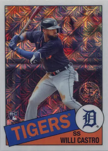 Baseball card of Tigers player in batting stance with colorful geometric background