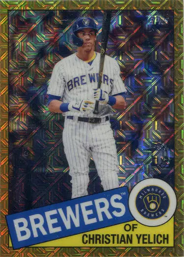 Baseball card of Milwaukee Brewers player in silver gold parallel uniform with blue cap