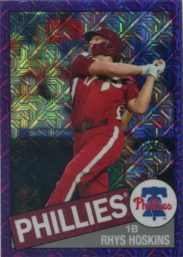 Baseball trading card of Phillies player in batting stance, Chrome Silver Purple parallel card